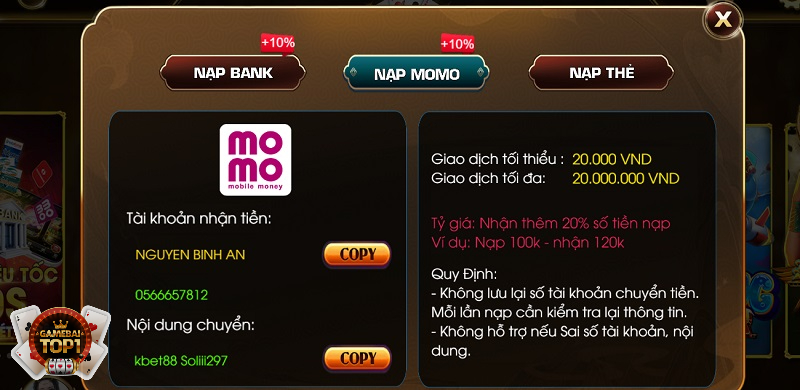Nạp tiền thông qua ví điện tử Momo